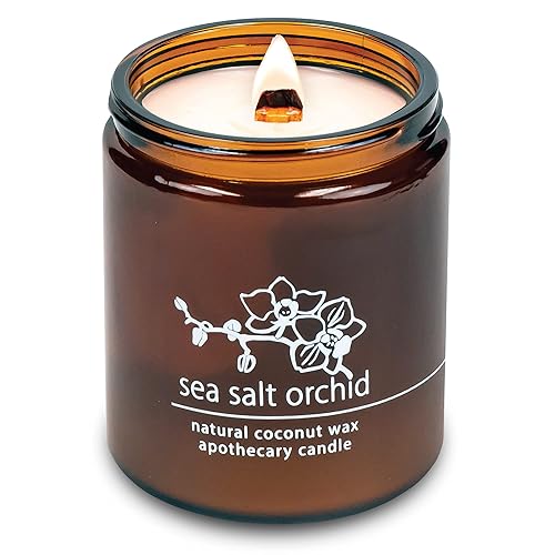 Hemlock Park Crackling Wood Wick Candle Handcrafted with Natural Coconut Wax and Essential Oils (Sea Salt Orchid, Standard 8 oz)